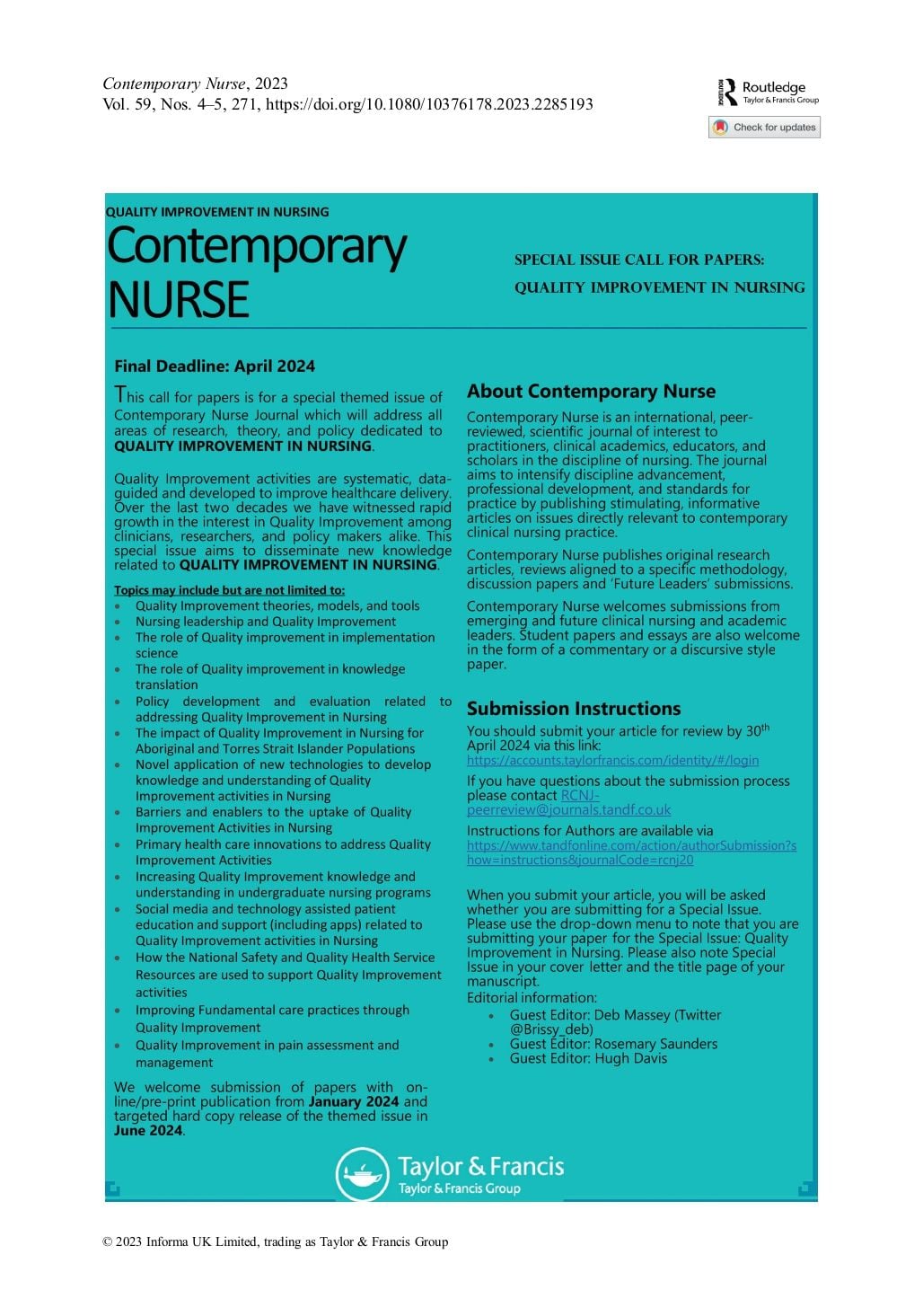 Shape the Future of Nursing: Your Opportunity to Contribute to Contemporary Nurse Journal Shape the Future of Nursing: Your Opportunity to Contribute to Contemporary Nurse Journal